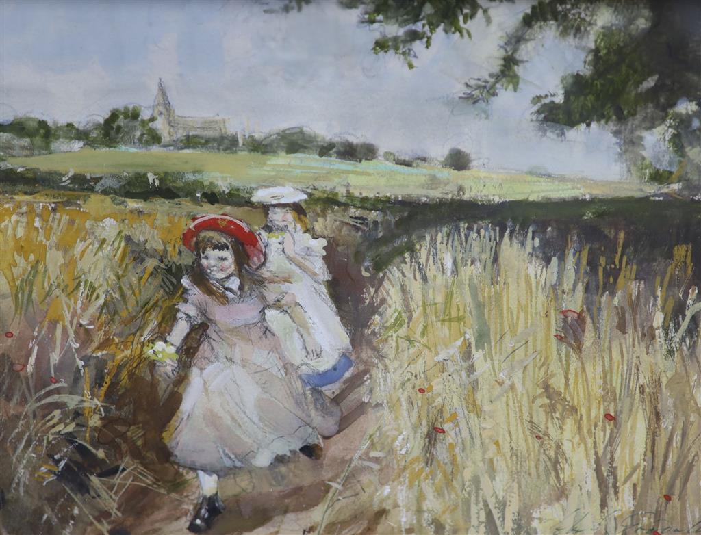 John Strickland Goodall R.I. (1908-1996), watercolour, Girls in a cornfield, signed, 14 x 18cm